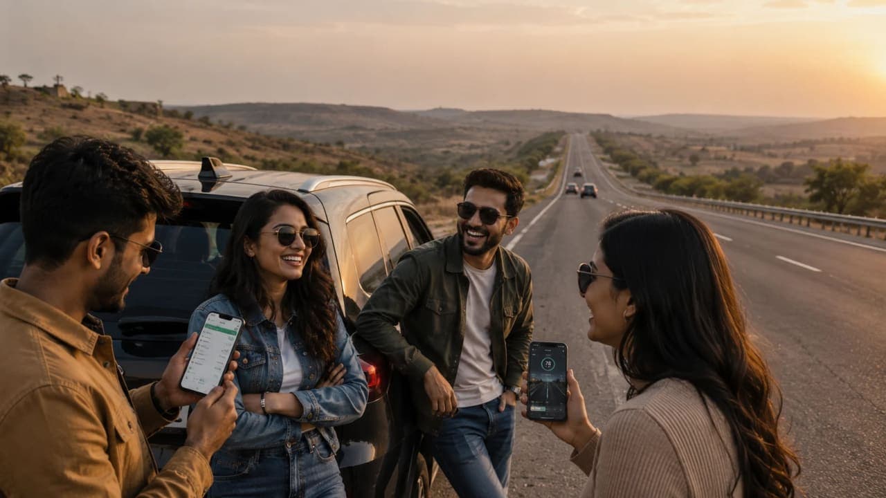 Friends using travel apps during a road trip.