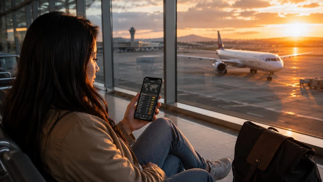 Traveller tracking a flight using a mobile app.