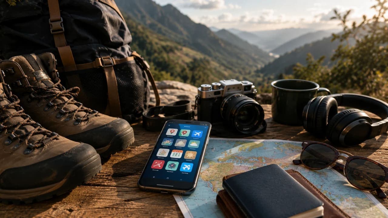 Travel essentials including a smartphone loaded with useful travel apps.