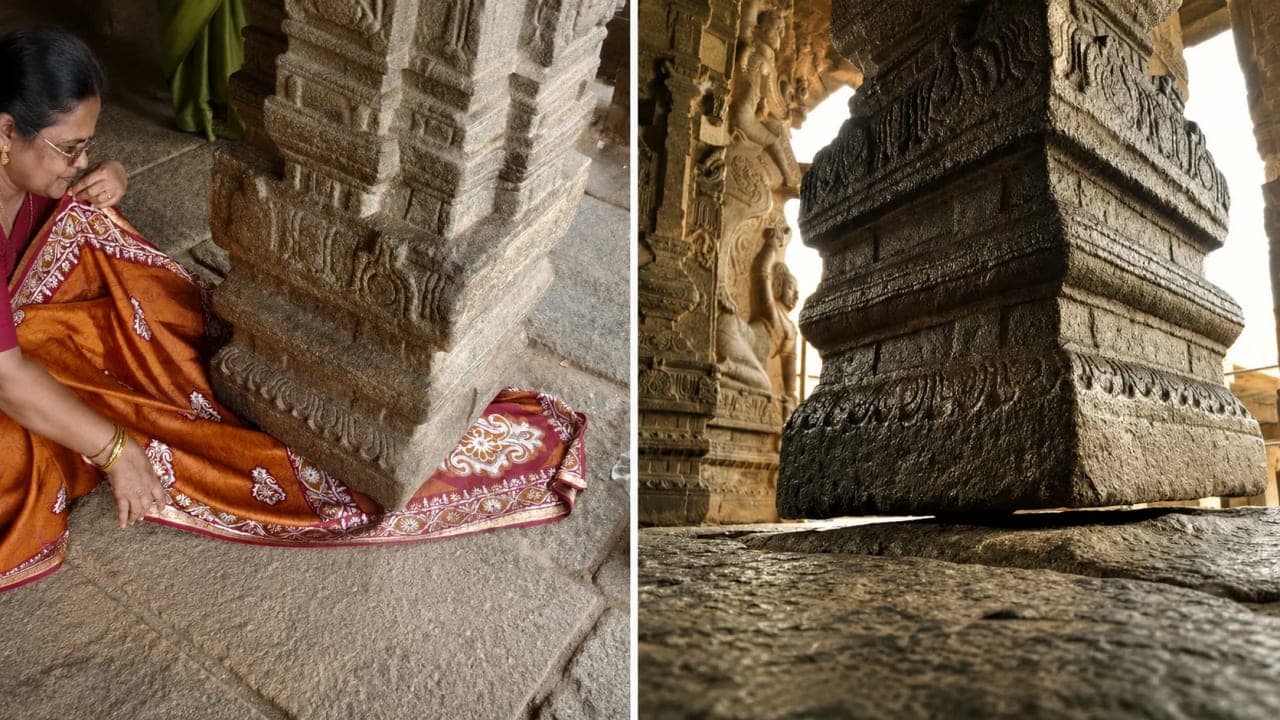 The famous hanging pillar inside Veerabhadra Temple that appears partially suspended above the floor.