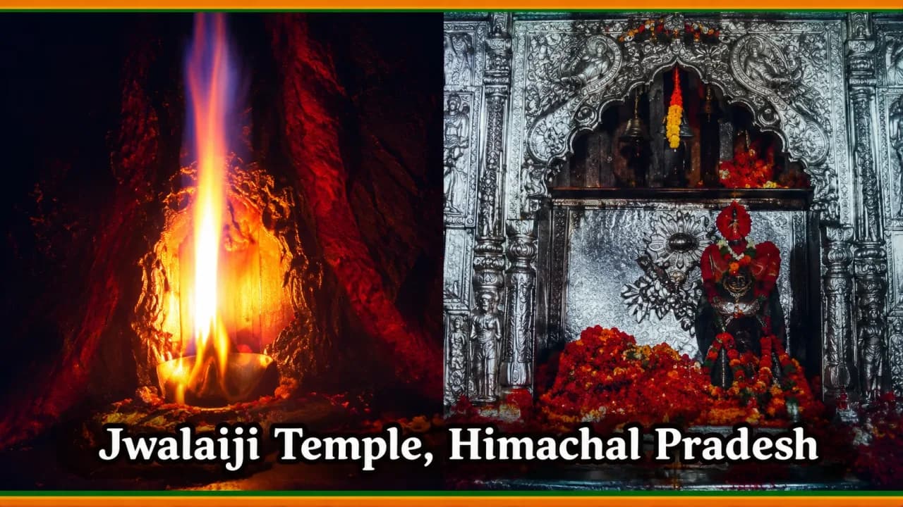 Natural blue flames emerging from rock crevices inside the sanctum of Jwala Ji Temple.