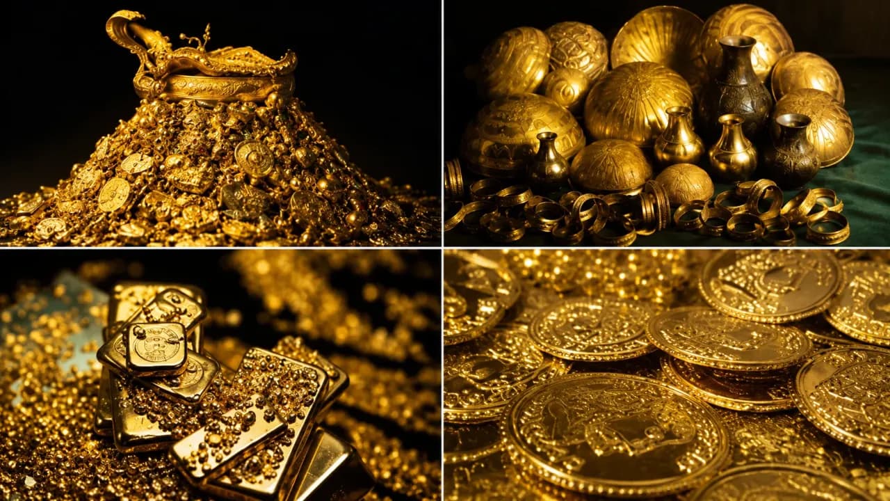 Gold ornaments, jewels, ancient coins, and ceremonial artifacts representing the historic treasures discovered in Padmanabhaswamy Temple.
