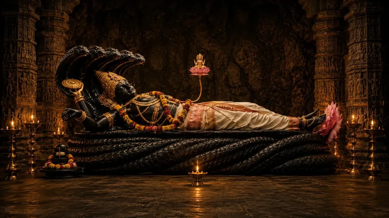 The reclining idol of Lord Padmanabha resting on the serpent Ananta inside Padmanabhaswamy Temple.