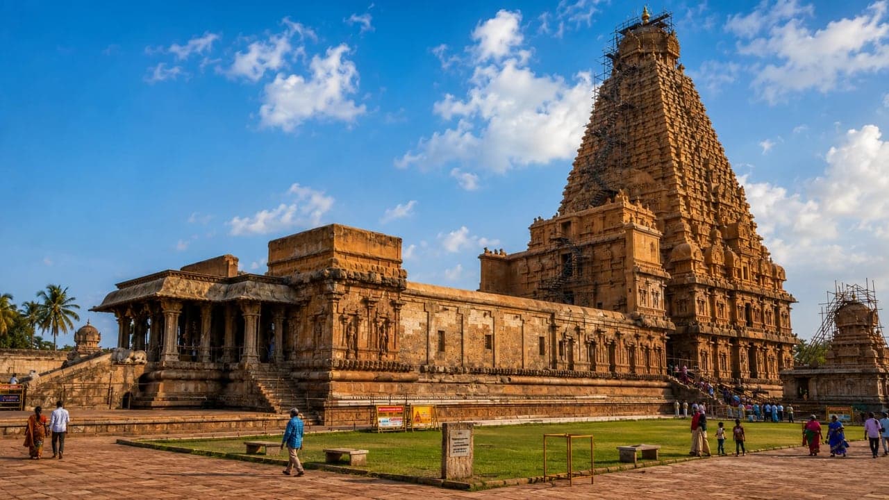 Brihadeeswarar Temple in Thanjavur, Tamil Nadu, a UNESCO World Heritage Site built during the Chola Empire.