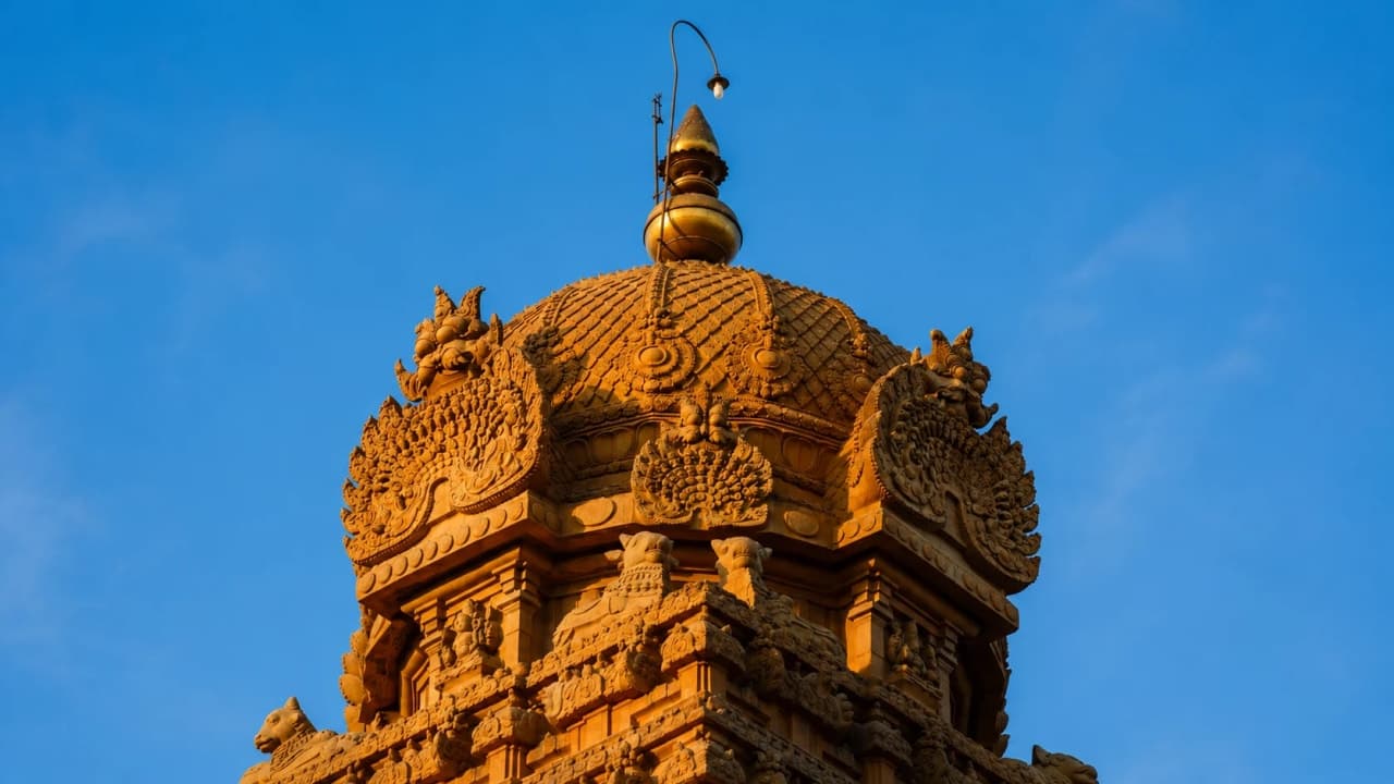 Brihadeeswarar Temple tower photographed during daylight, associated with the popular belief that its main tower casts little or no shadow at noon.