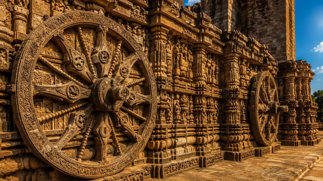 One of the intricately carved stone wheels of the Konark Sun Temple, believed to function as a sundial.