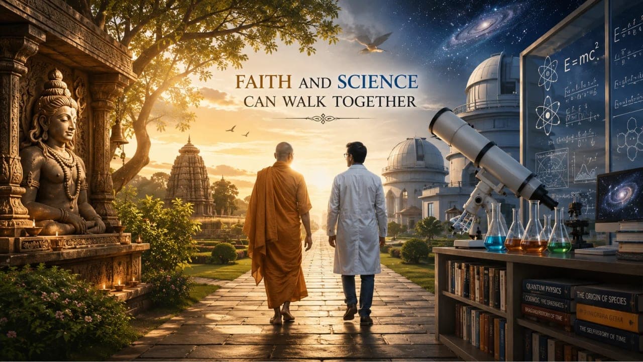 A cinematic illustration showing a temple and scientific research center connected by a shared pathway, with a monk and a scientist walking together at sunrise. The scene includes temple architecture, observatories, a telescope, laboratory equipment, and a star-filled sky, symbolizing harmony between faith and science.