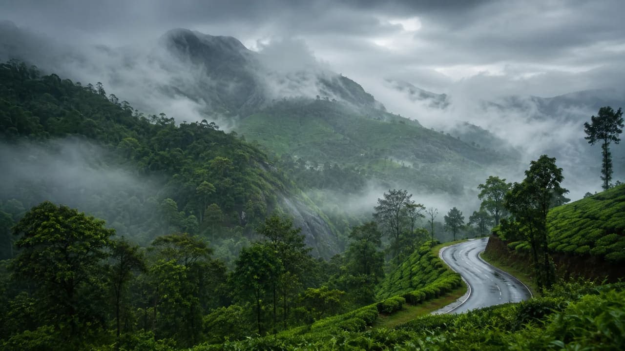 Misty green hills and rain-soaked forests in Kerala during the monsoon season.