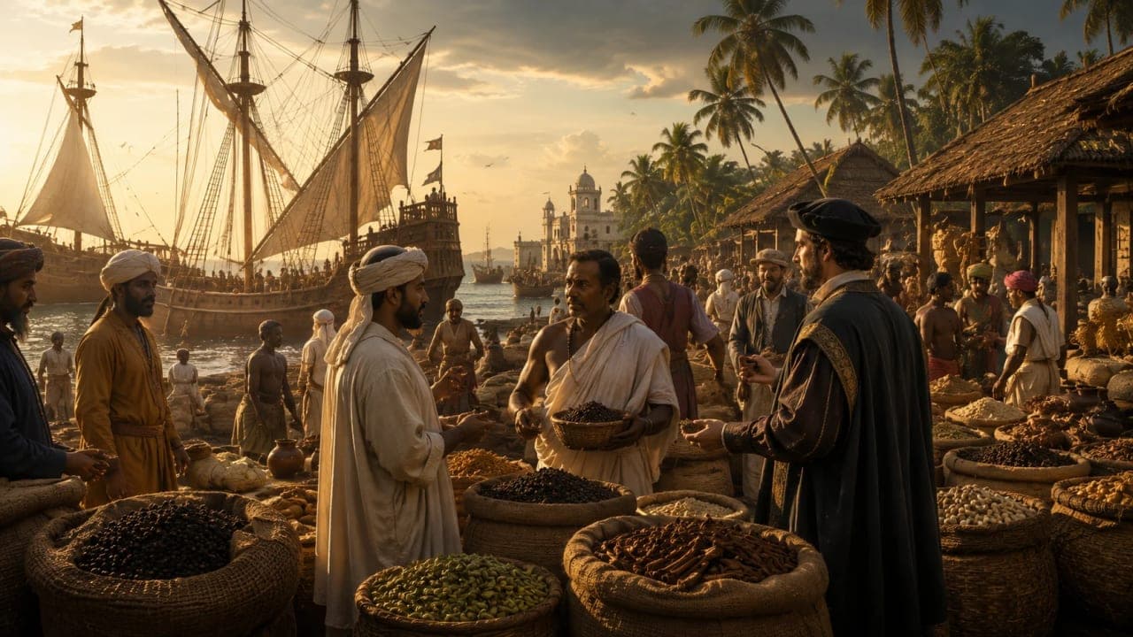 Historic spice traders at an ancient Kerala port exchanging black pepper and spices.