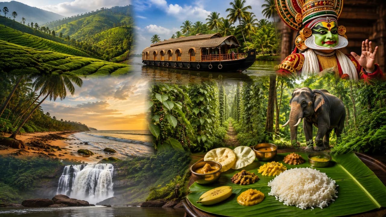 A collage of Kerala's tea gardens, houseboats, culture, cuisine, wildlife and beaches.