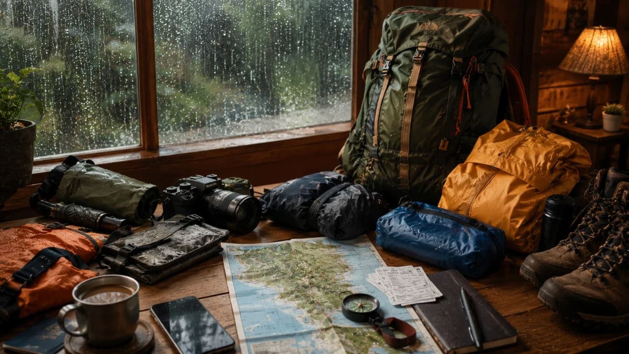 Travel essentials packed for a Kerala trip during the rainy season.