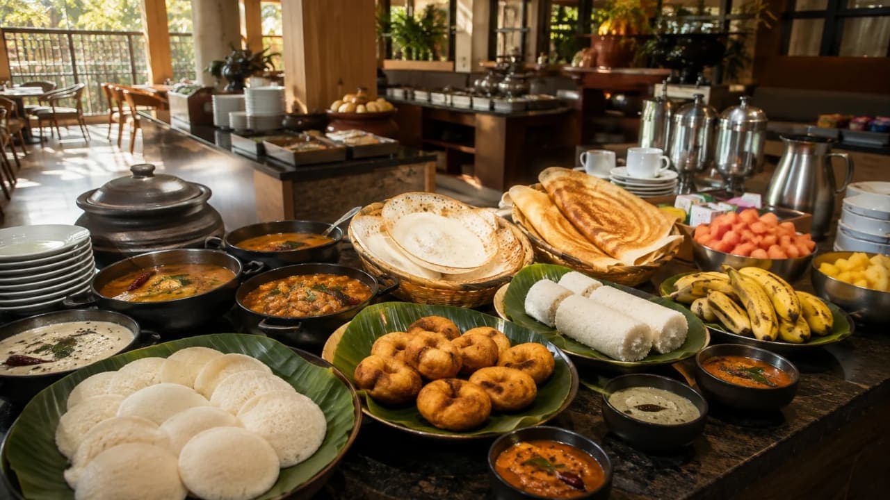 Traditional Kerala breakfast served at a hotel before starting a road trip.