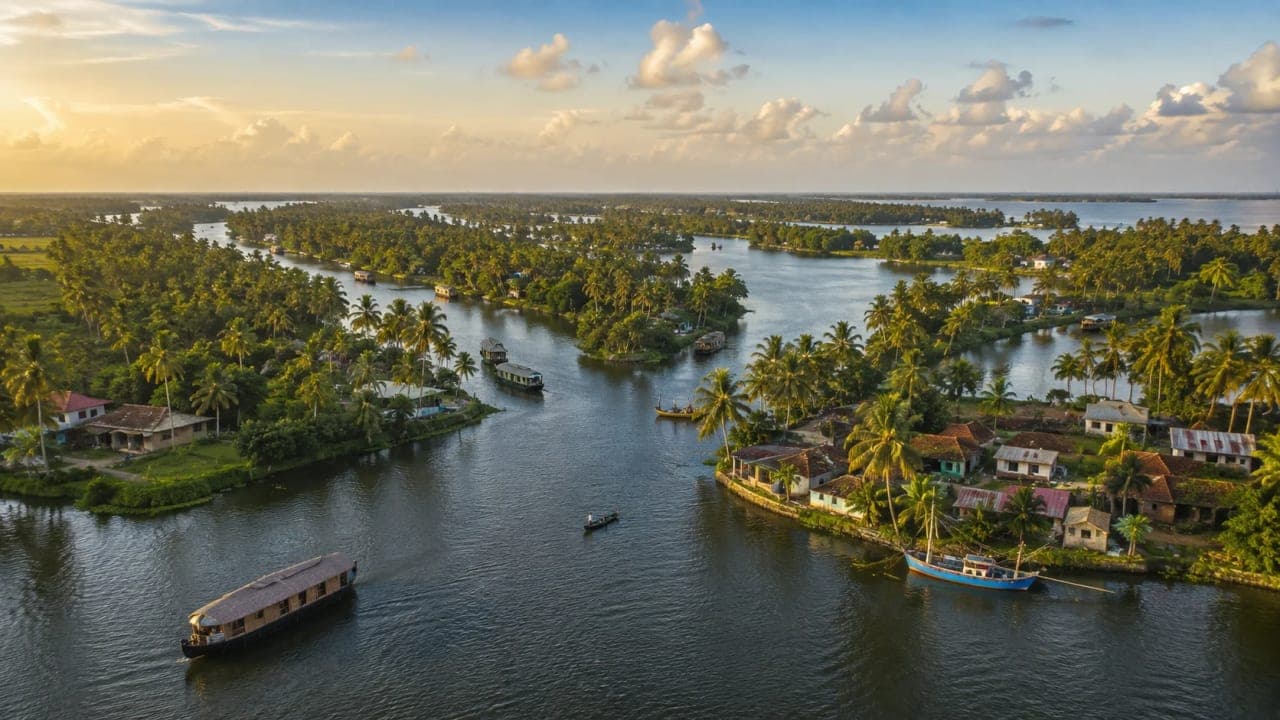 Interconnected canals and waterways forming Kerala's famous backwaters.