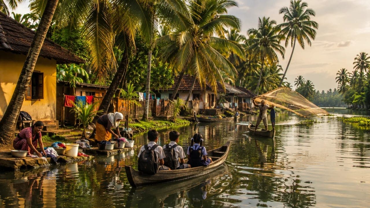 Daily life along Kerala's backwaters with boats and village homes.