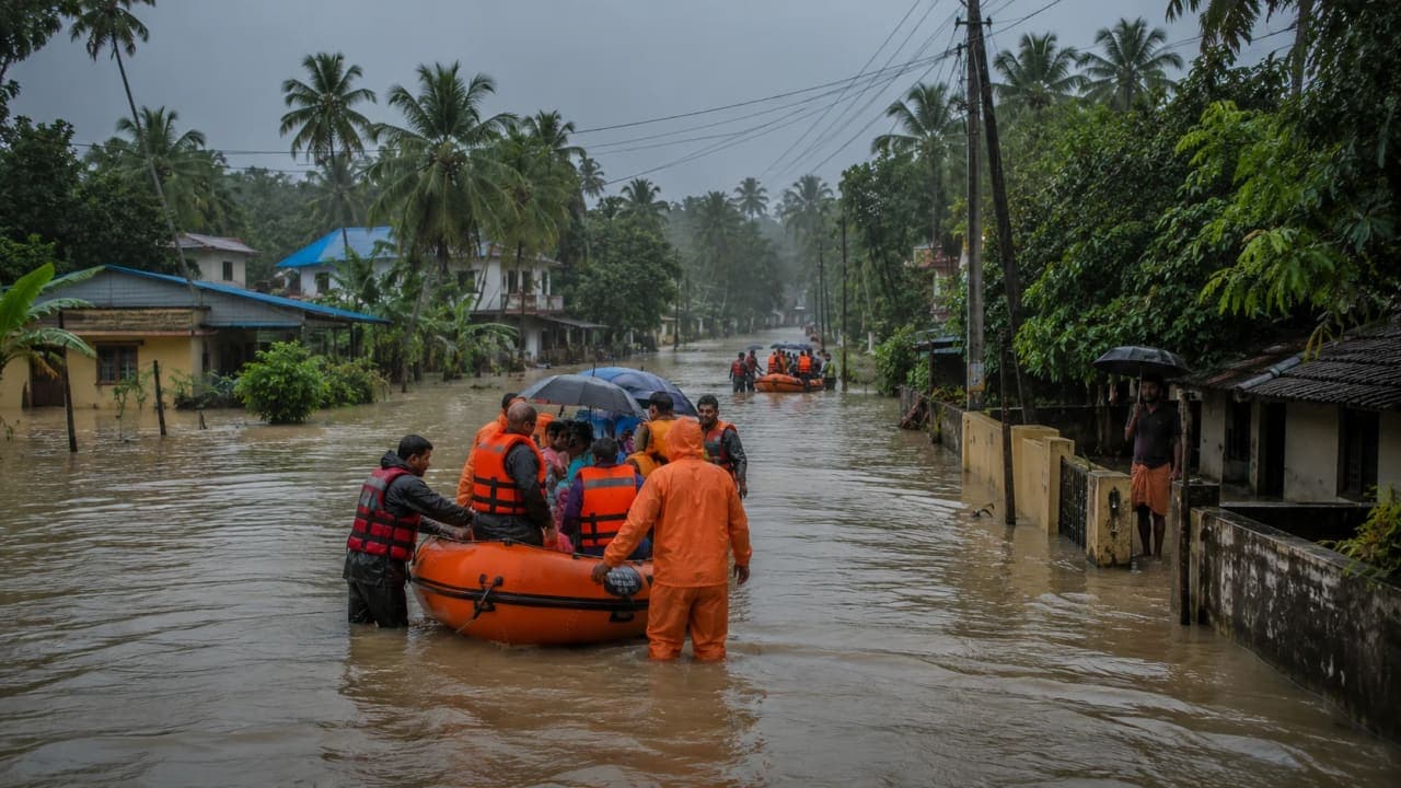 Rescue boats navigating floodwaters during Kerala's monsoon floods.