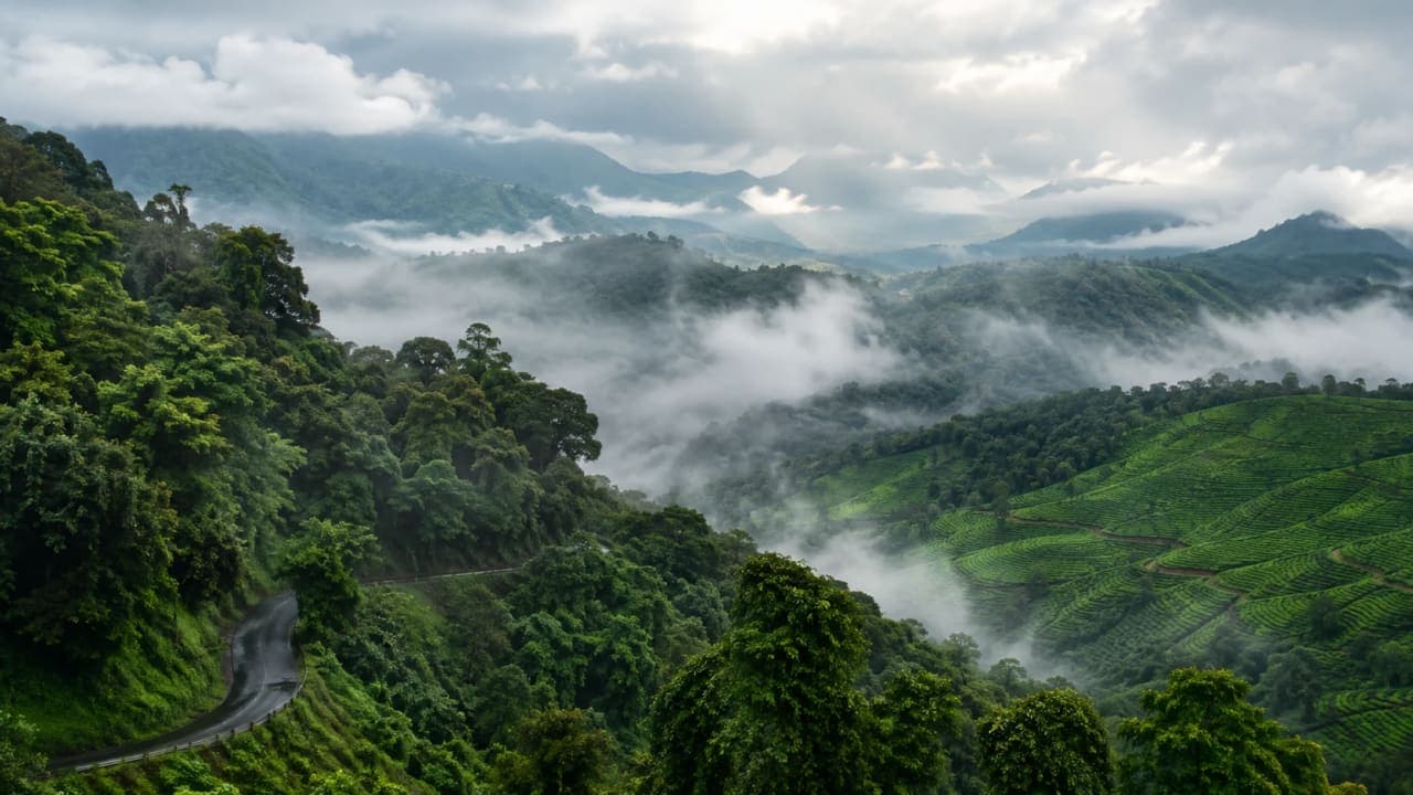Misty green hills and forests of Thekkady in Kerala's Western Ghats during the monsoon.
