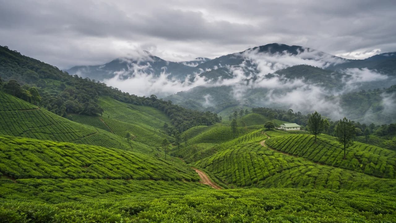 Rolling tea plantations covering the green hills near Thekkady and Peermade in Kerala.