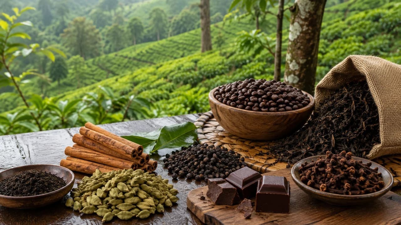 Kerala spices, tea, coffee beans and handmade chocolates displayed together in Thekkady.