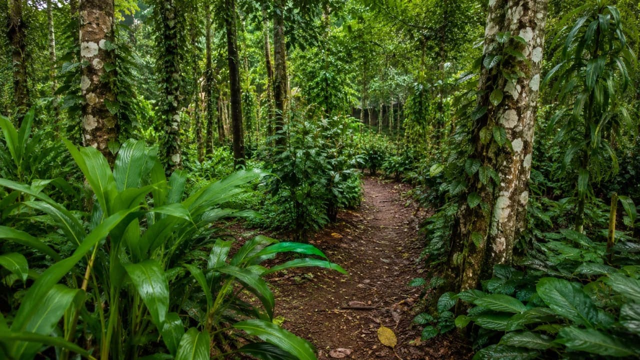 Lush green spice garden in Kerala with tropical plants, pepper vines climbing trees, and a natural walking trail through the plantation.