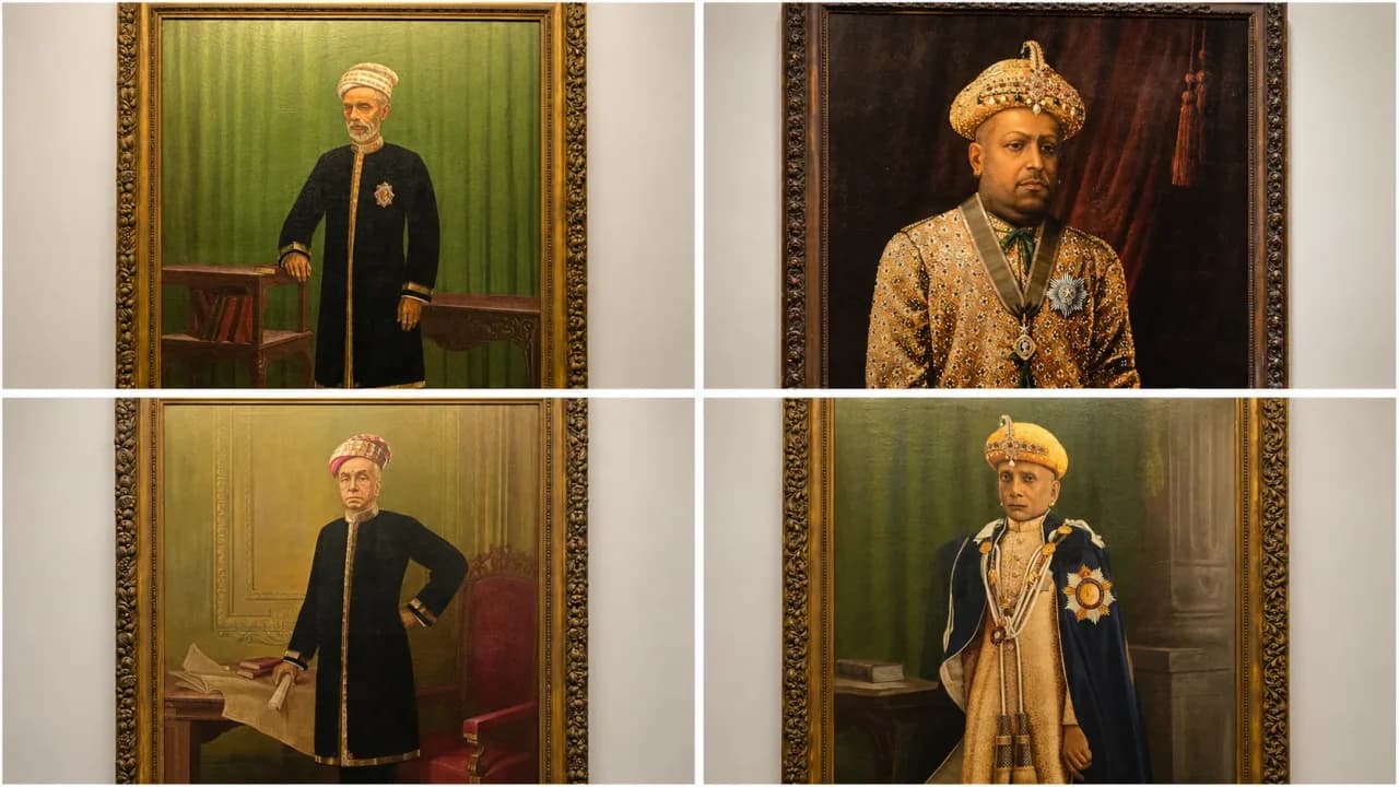 Framed portraits of former rulers of the Kingdom of Cochin displayed inside Mattancherry Palace in Kochi, Kerala.