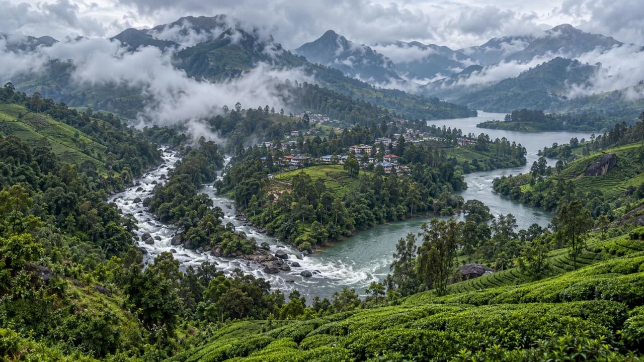 Three mountain streams flowing through the green valleys of Munnar in Kerala's Western Ghats.