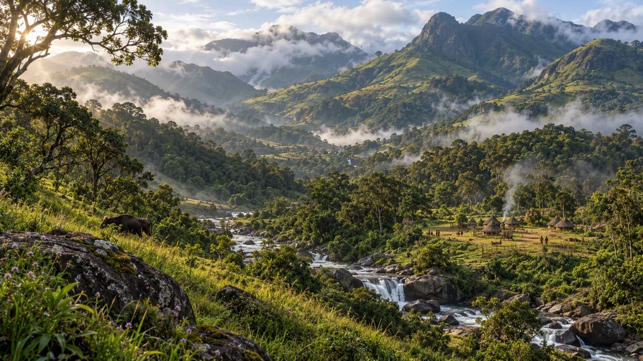 Historical reconstruction of Munnar's forests and grasslands before the development of commercial tea plantations.