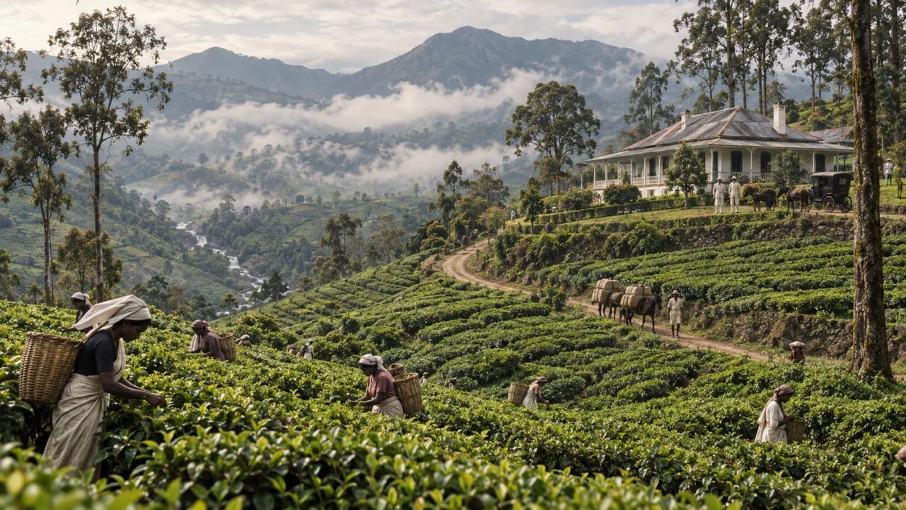 Historical recreation of early tea plantations developing across Munnar's hills during the late 19th century.