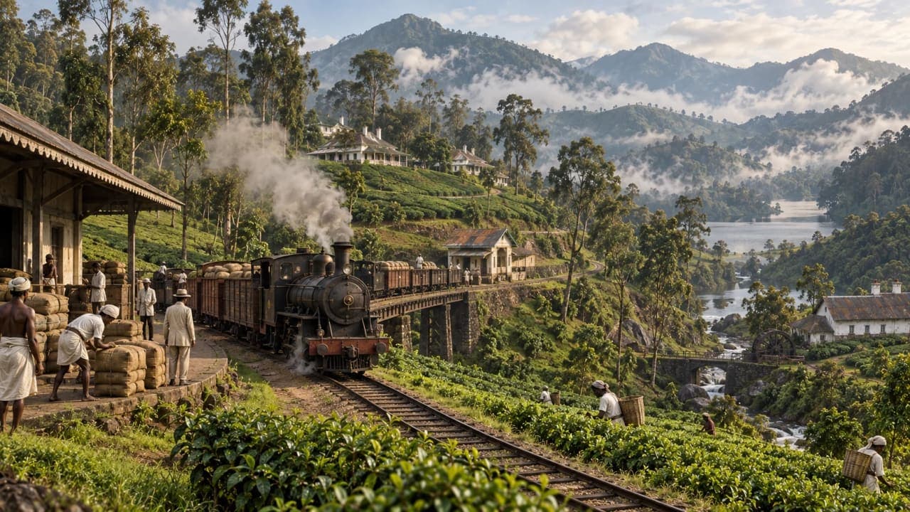 Historical recreation of the Kundala Valley Railway transporting tea through the hills of Munnar.