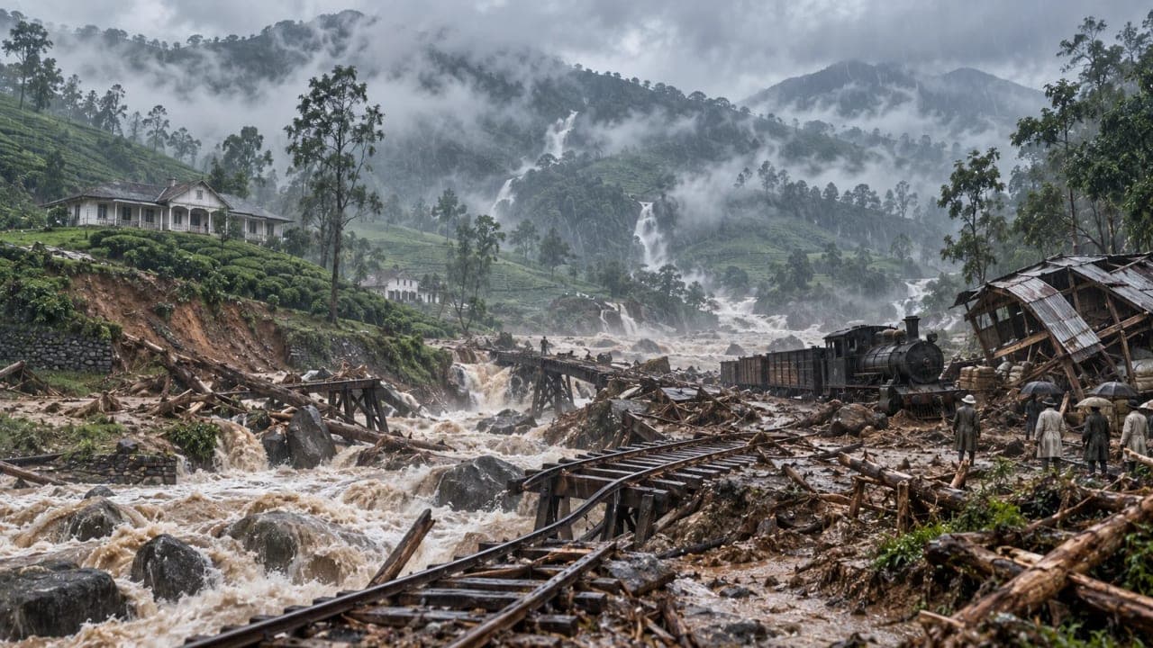 Historical depiction of the devastating 1924 monsoon floods that damaged Munnar's plantations and railway infrastructure.