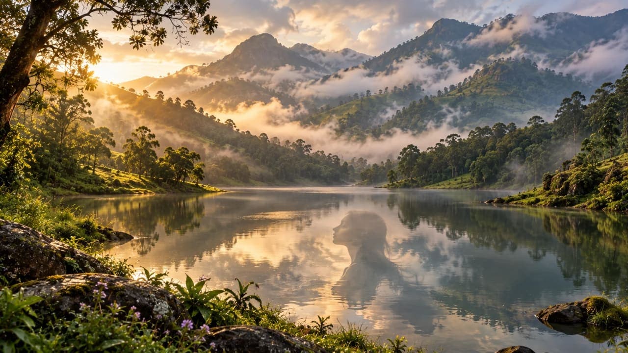 Misty Sita Devi Lake at Devikulam near Munnar, associated with a local Ramayana legend.