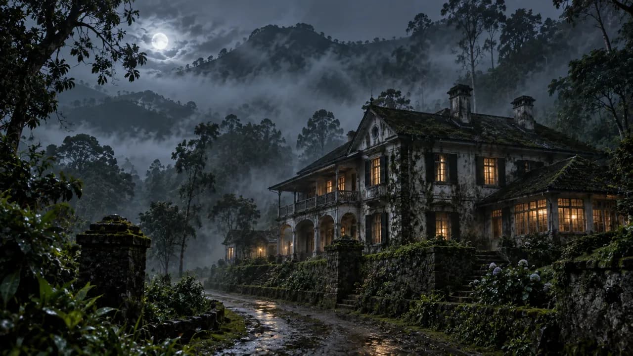 Old colonial plantation lodge surrounded by fog in Munnar, evoking the region's mysterious local folklore.