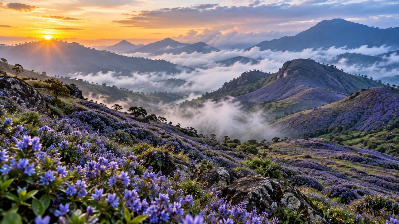 Blue and purple Neelakurinji flowers covering the mountain slopes of Munnar in Kerala.