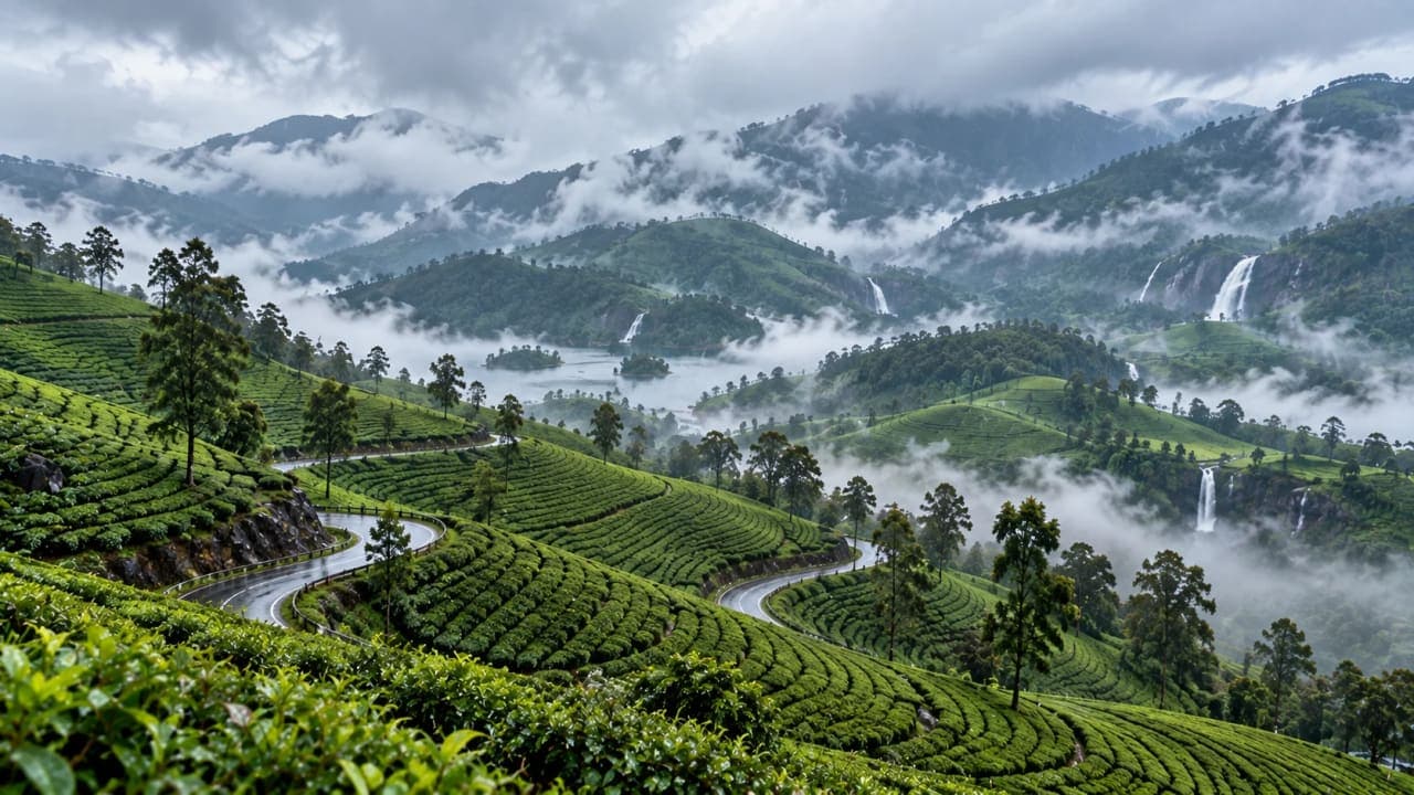Endless tea plantations and mist-covered mountains in modern-day Munnar during Kerala's monsoon.