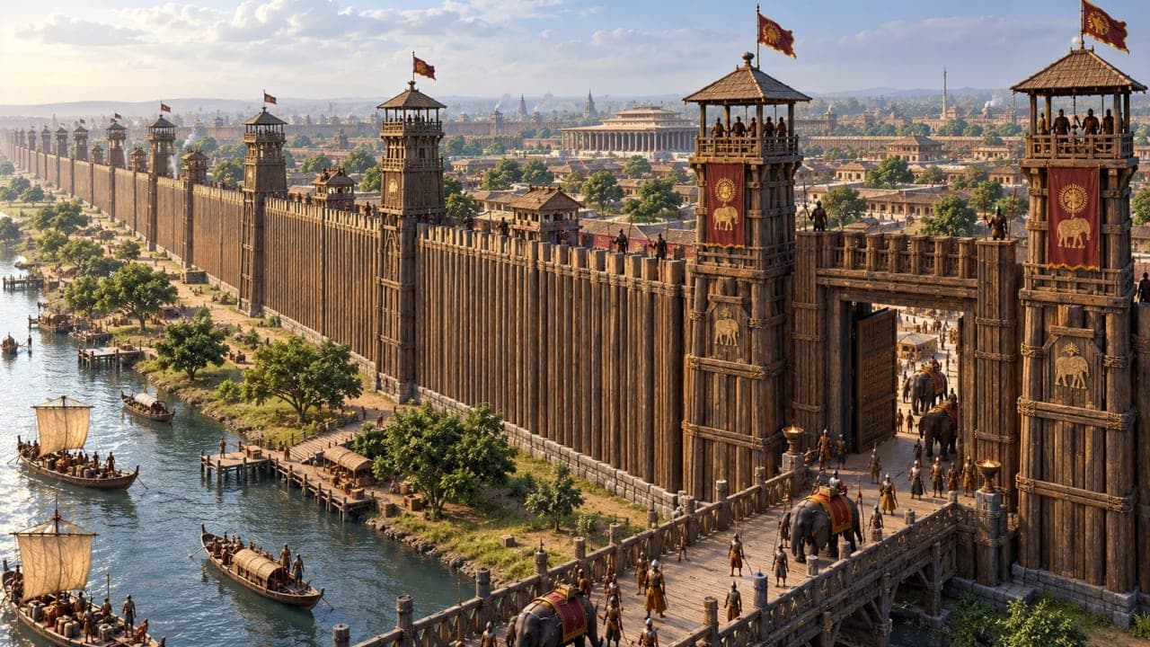 Ancient Pataliputra fortified with hundreds of towers and 64 gates as described in classical accounts.