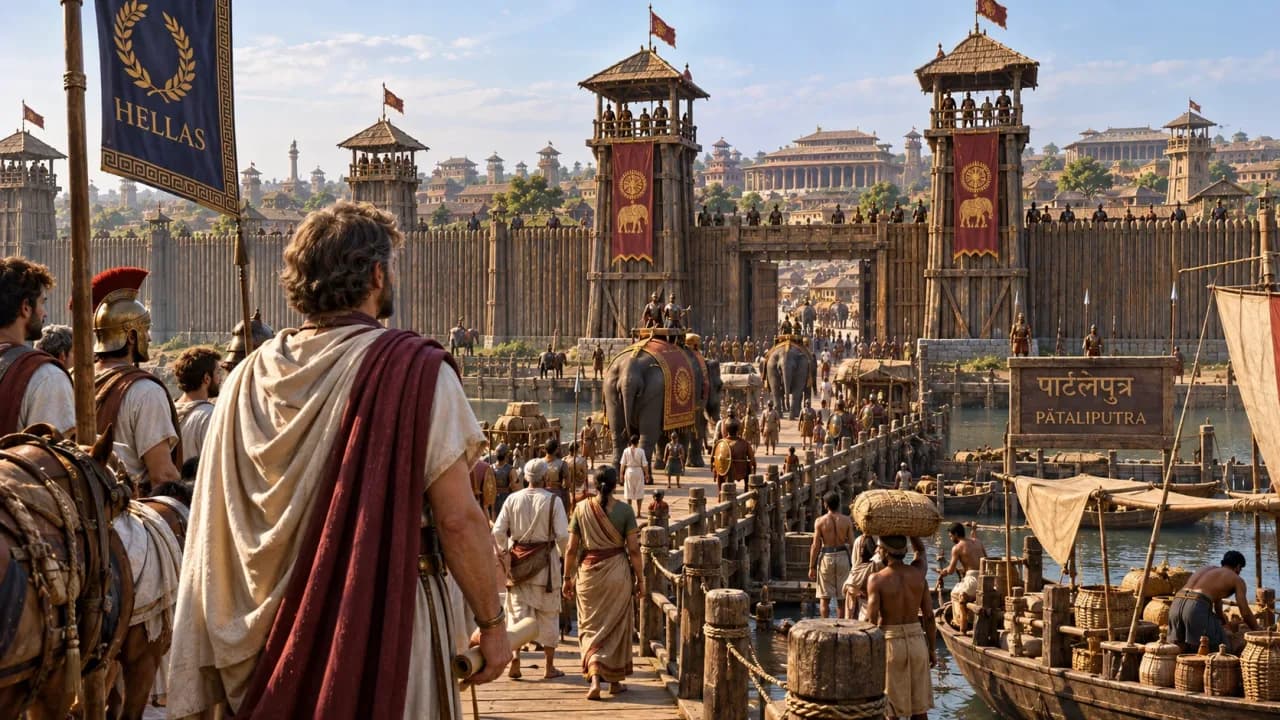 Historical interpretation of Megasthenes arriving at Chandragupta Maurya’s capital Pataliputra.