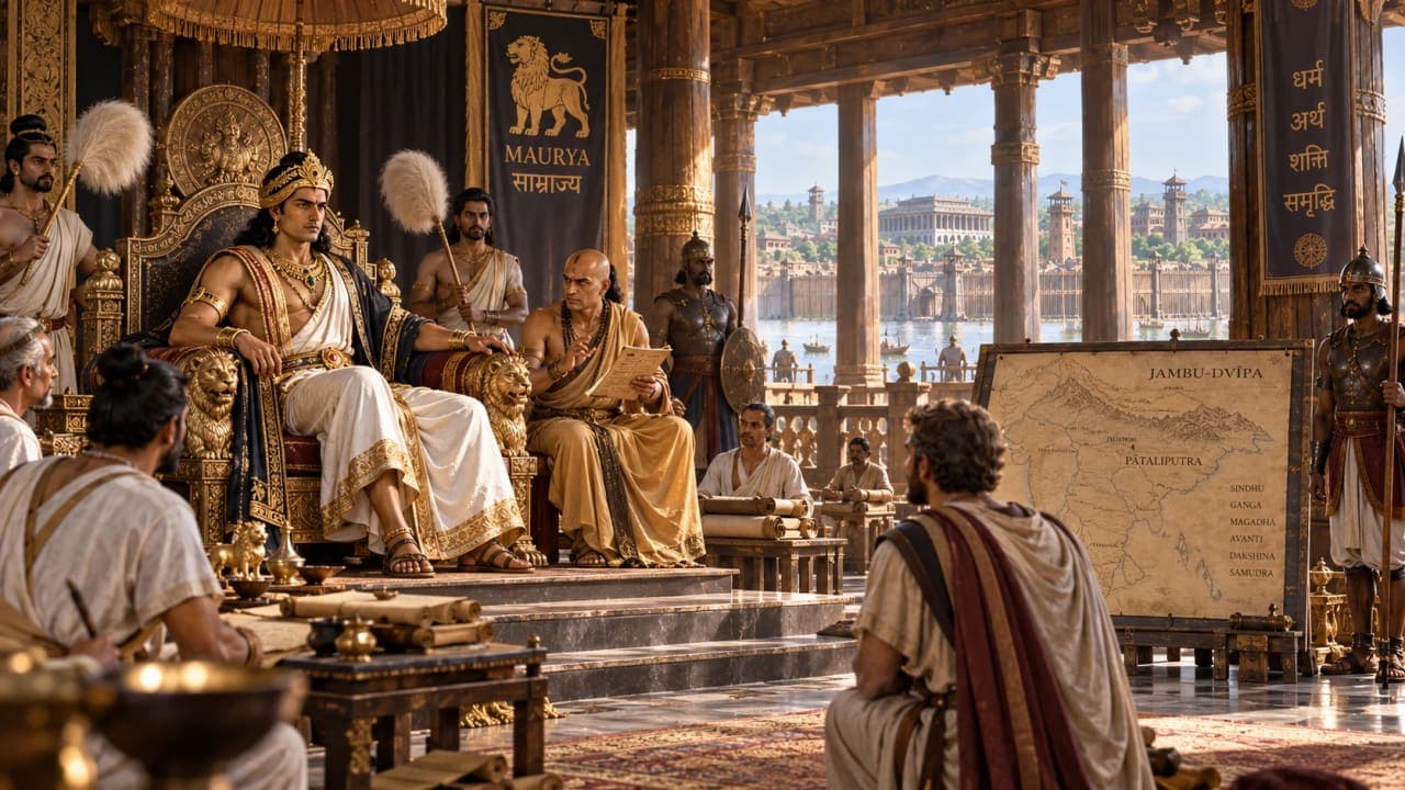 Historical reconstruction of Chandragupta Maurya in the imperial capital of Pataliputra.