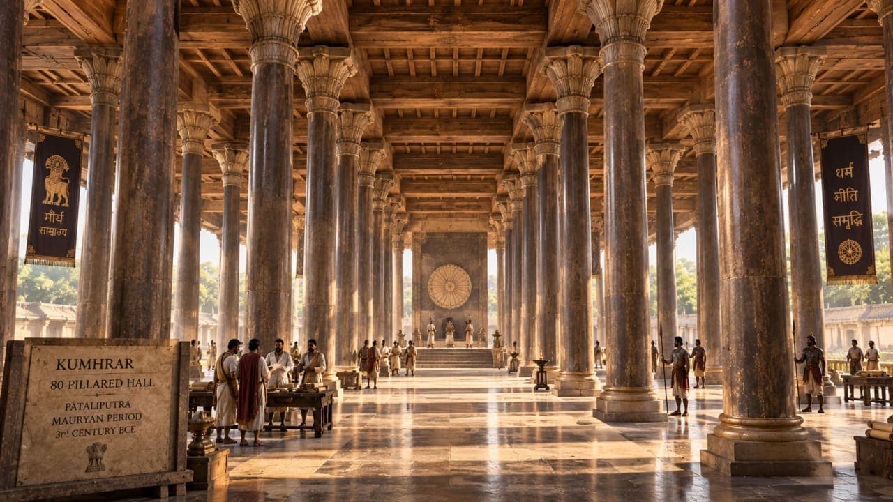 Reconstruction of the 80-pillared Mauryan-era hall discovered at Kumhrar in Patna.