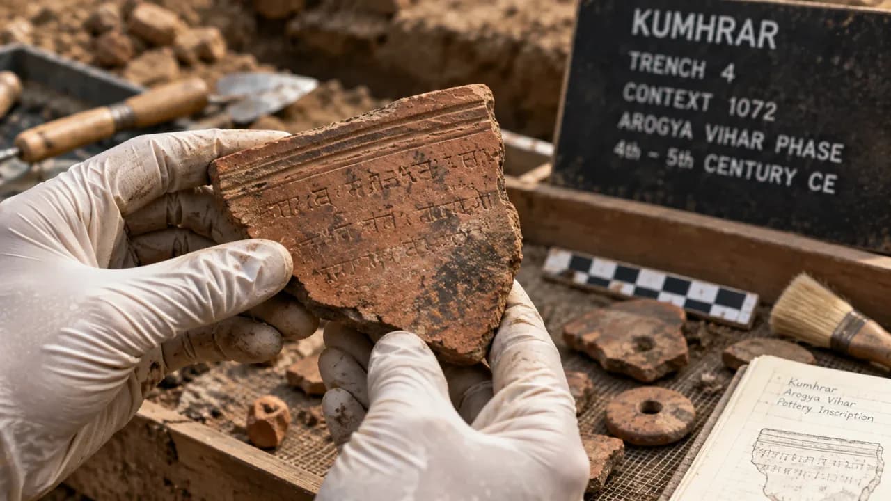 Ancient inscribed pottery fragment associated with the Arogya Vihar discovery at Kumhrar.