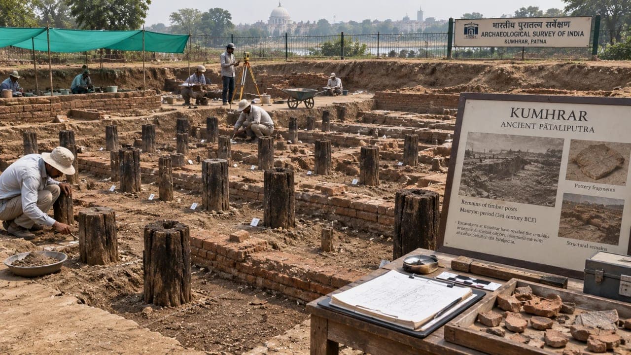 Archaeological excavation revealing remains of ancient Pataliputra beneath modern Patna.