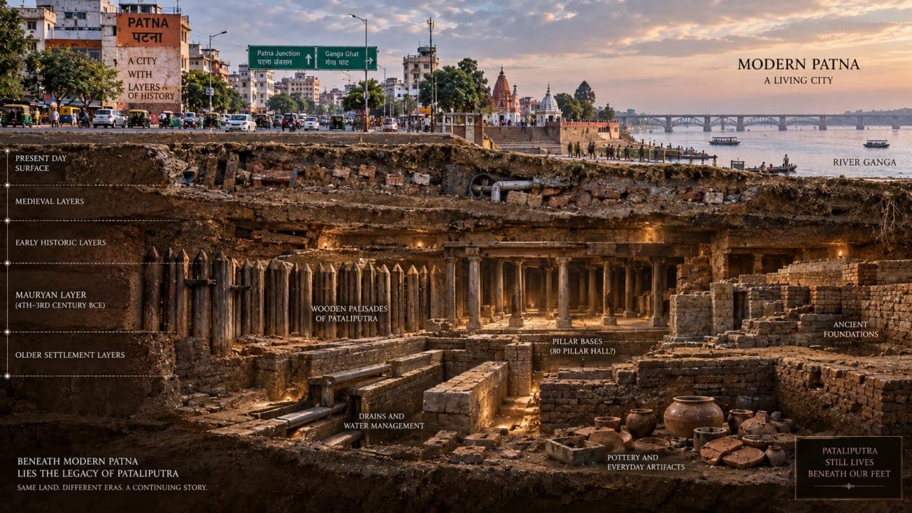 Conceptual view showing archaeological remains of ancient Pataliputra beneath modern Patna.