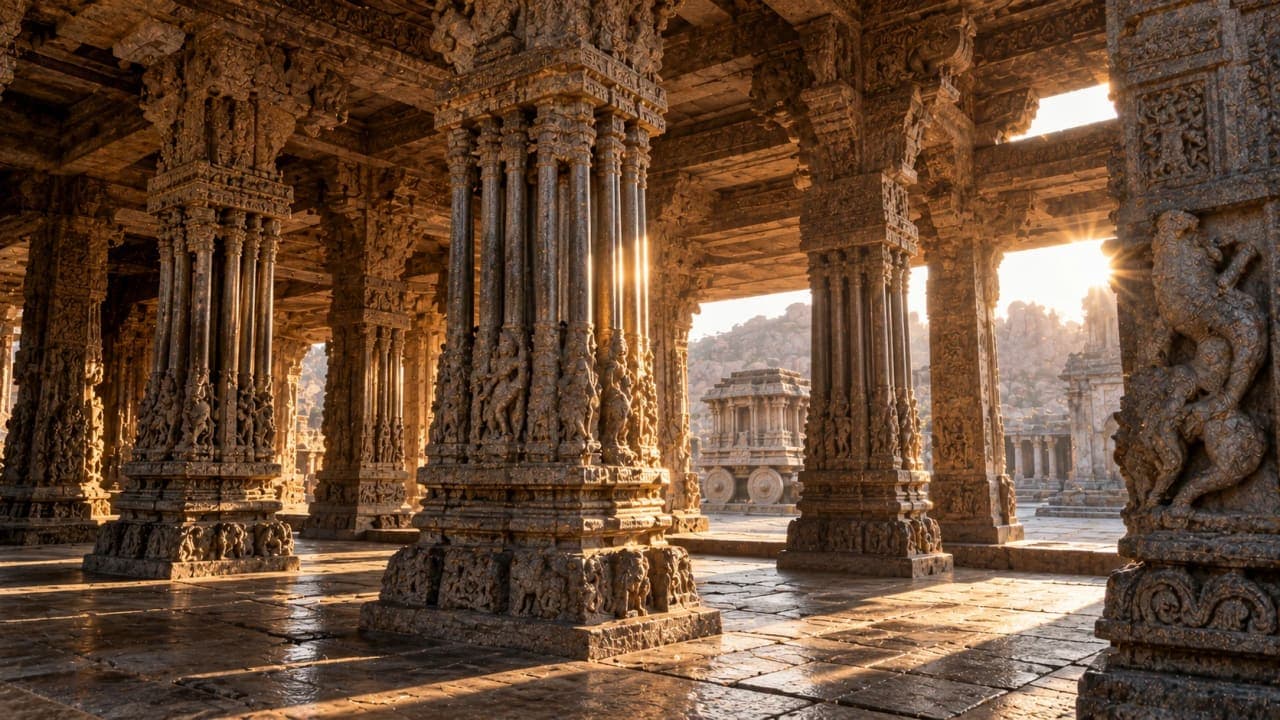Famous musical stone pillars inside Vittala Temple at Hampi, Karnataka.