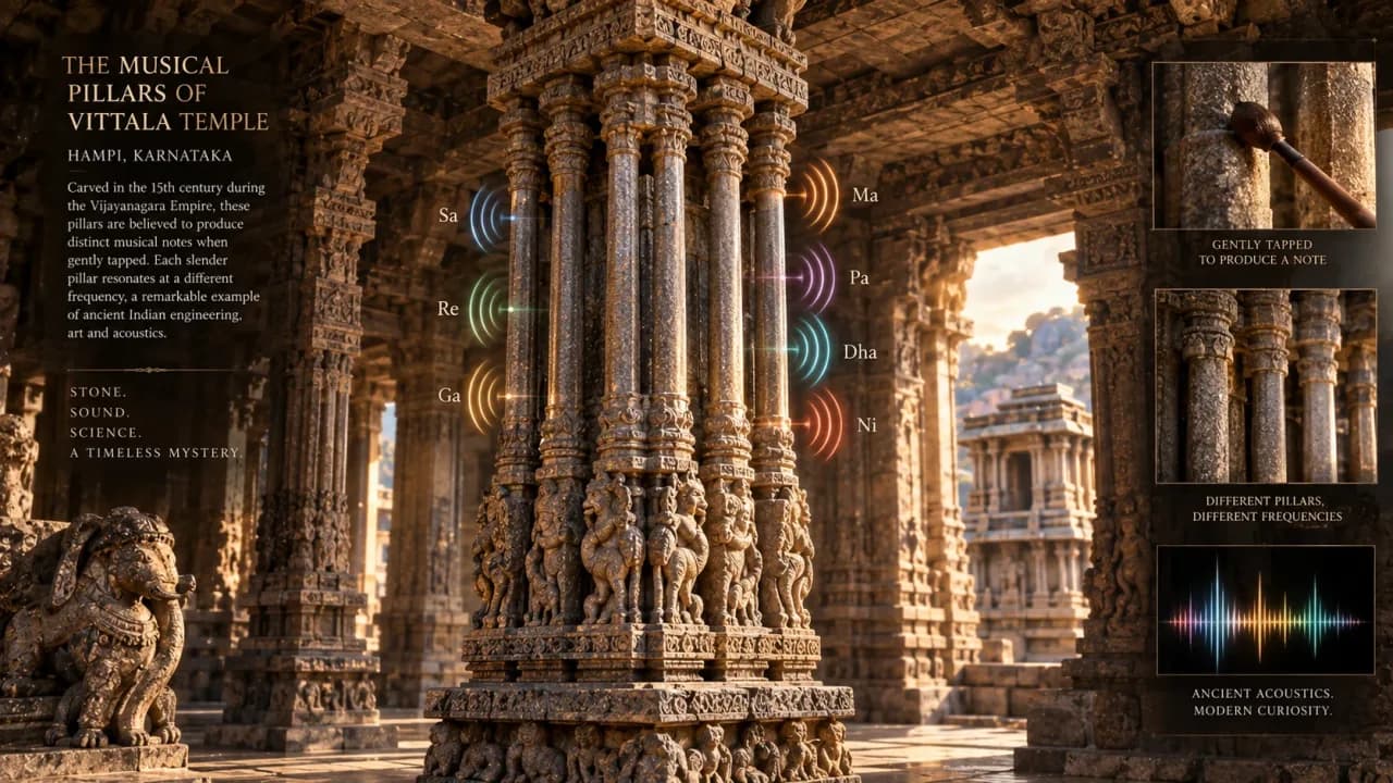 Close-up visualization of the musical pillars of Vittala Temple and their resonant stone structure.