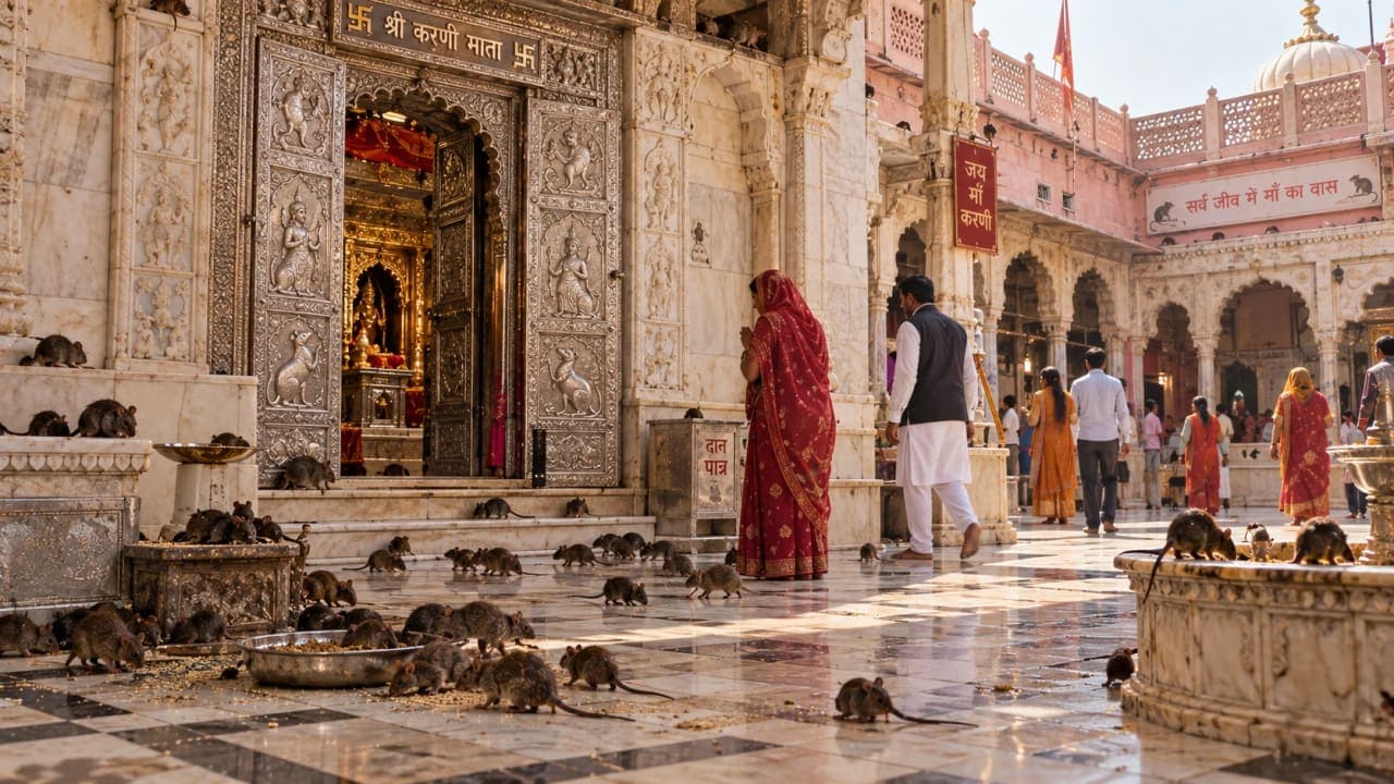 Sacred rats inside Karni Mata Temple at Deshnoke in Rajasthan.