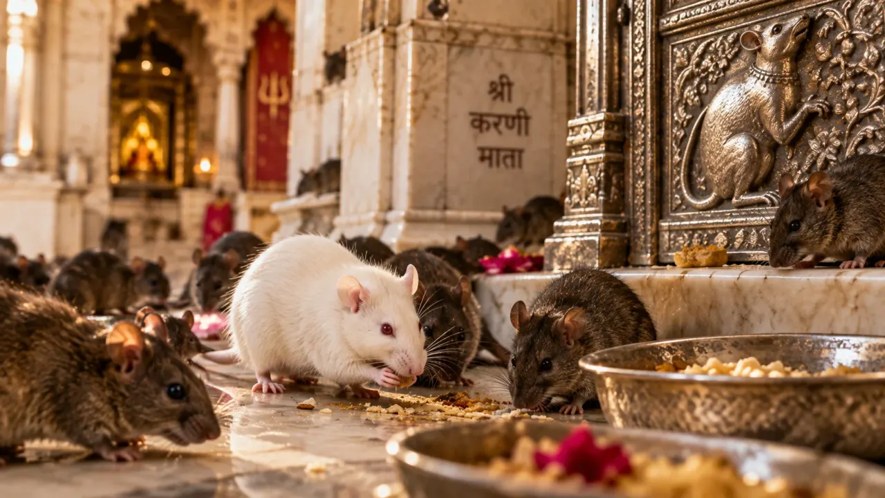 A rare white rat among the sacred rats associated with Karni Mata Temple.
