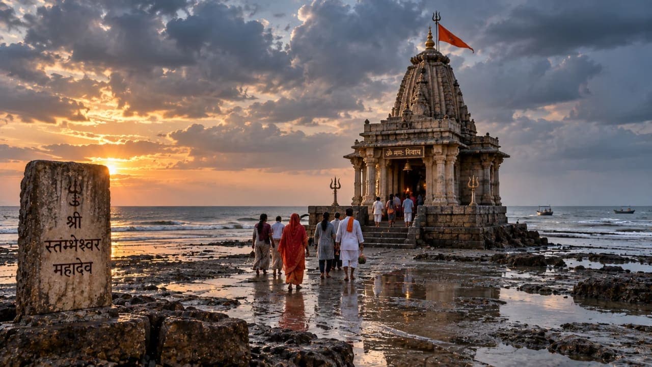 Stambheshwar Mahadev Temple visible on the Gujarat coast during low tide.