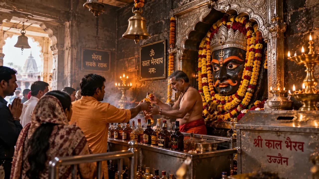 Traditional liquor offerings at Kaal Bhairav Temple in Ujjain.