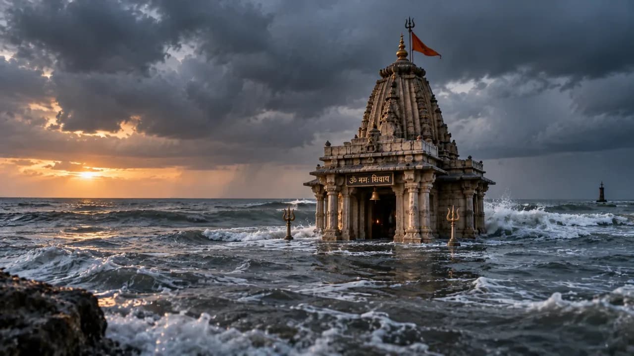 Rising sea tide surrounding Stambheshwar Mahadev Temple in Gujarat.
