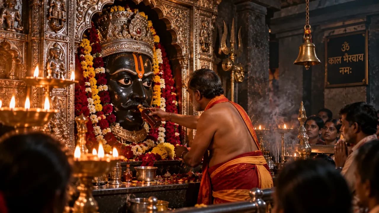 Priest performing a traditional offering ritual at Kaal Bhairav Temple in Ujjain.