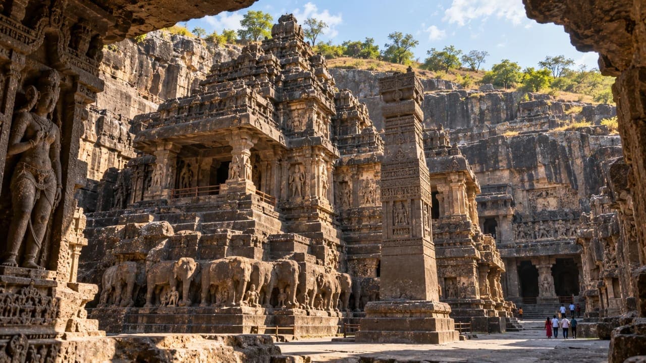 Kailasa Temple at Ellora Caves in Maharashtra, showing the monumental rock-cut temple with intricate stone carvings, pillars and elephant sculptures.