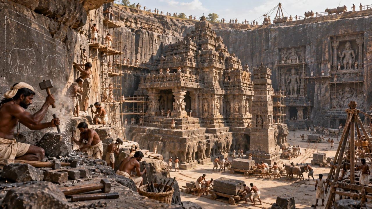 Historically inspired reconstruction showing the construction of Kailasa Temple at Ellora, with ancient artisans carving the massive rock-cut temple from basalt.